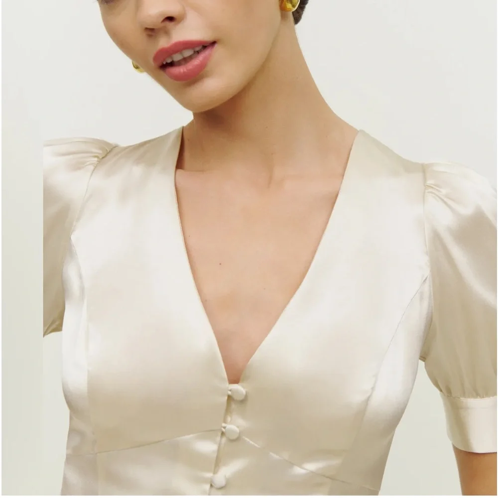 Reformation Champagne Satin V-Neck Cropped Blouse